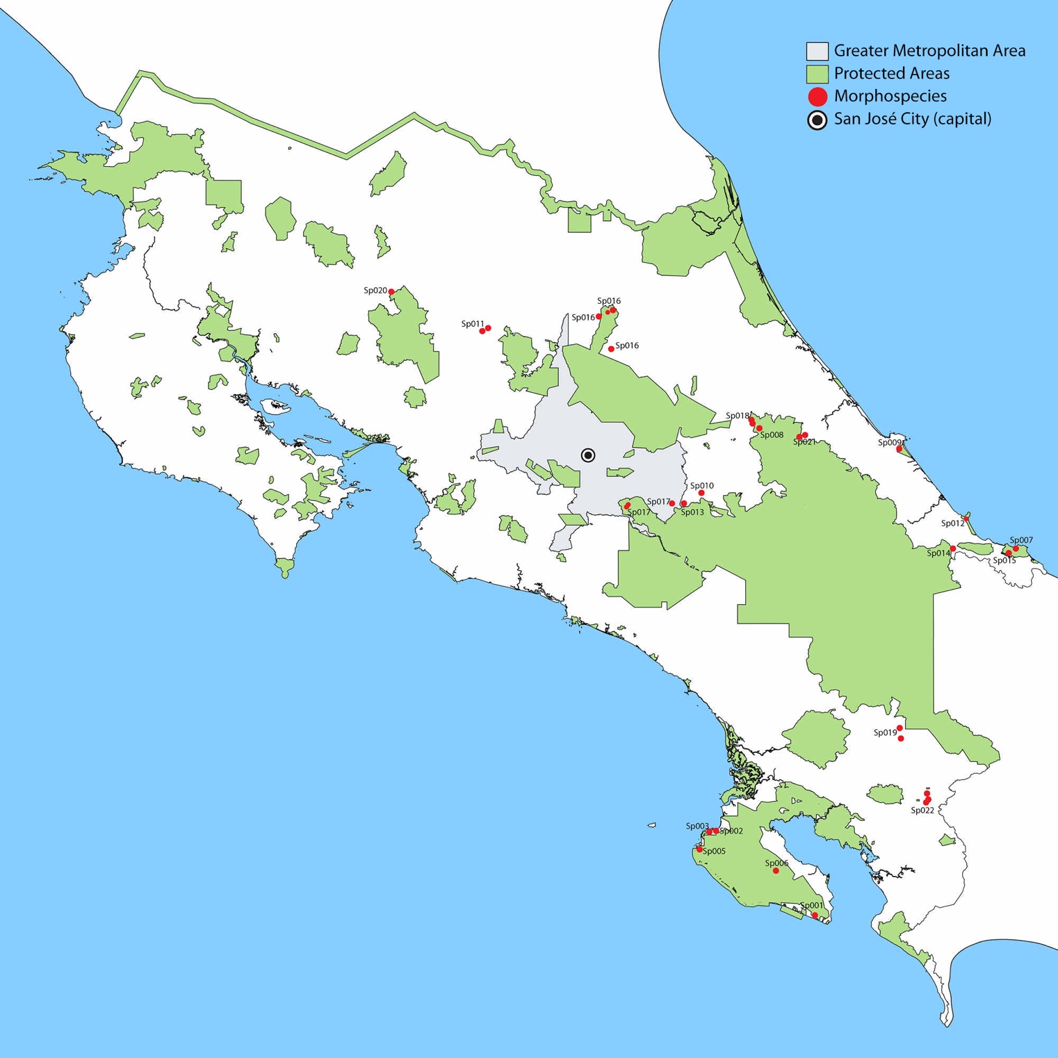 Fig. 2. Collection localities of unnamed Costa Rican onychophoran species in relation with protected areas. Species codes in Table 1 in Appendix.
