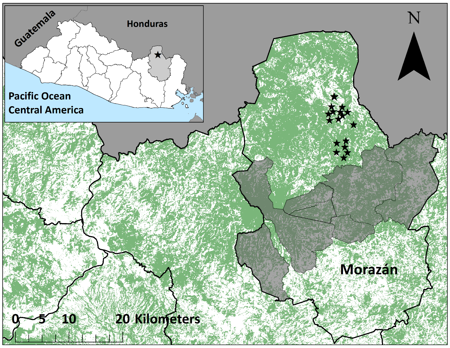 Study area in the municipalities of Joateca and Arambala, Moraz�n department, El Salvador. Dark gray polygons represent municipalities with indigenous communities of the Department of Moraz�n, and green polygons represent forest cover.
