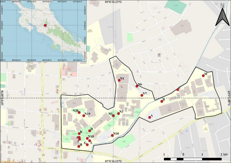 Distribution of collected bird nests at Universidad Nacional, Heredia, Costa Rica. The campus is outlined with a black line, and each red dot represents a nest. Turdus grayi (n=8: N1, N2, N3, N10, N18, H, I, J), Campylorhynchus rufinucha (n=5: A, B, C, D, G), Zonotrichia capensis (n= 3: N7, N19, N20), unidentified species (n=4: N6, K, L, M)