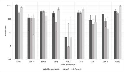 Concentraci�n promedio de los par�metros microbiol�gicos para cada punto de muestreo de las playas en estudio.