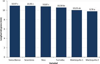 Longitud de la semilla (mm) para los frijoles nativos de Guanacaste. Medias con una letra en comn no son significativamente diferentes entre s, segn la prueba LSD Fisher (p≤0,05).