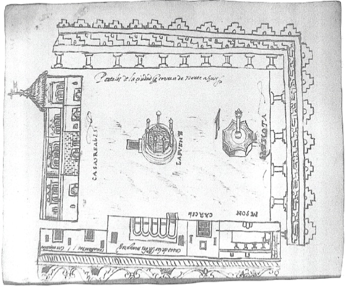 Casas de los al[cal]des mayores. Caballerizas. Carnicer&iacute;as. Mes&oacute;n.
C&aacute;rcel. Casas reales. La fuente. La picota. Portales de la ciudad, que corren
de norte a sur (Mu&ntilde;oz Camargo 1981 [1584]: Cuadro 17).