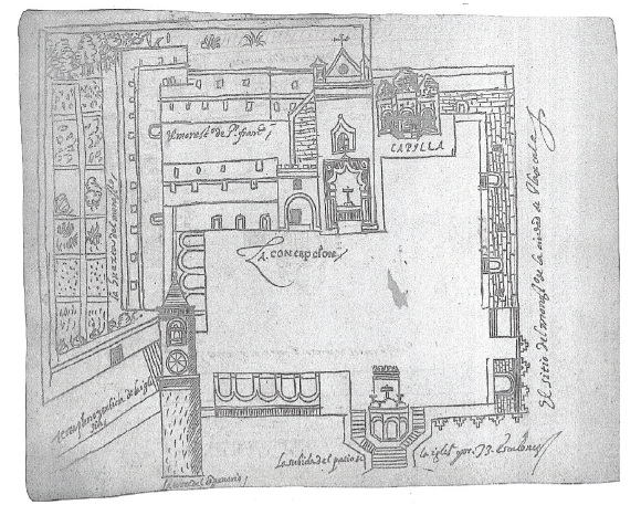 Terrapl&eacute;n y subida de Igles[i]a. La huerta del monast[eri]o. La torre del campanario.El monast[eri]o de S[a]n Fran[cis]co. La subida del patio de la igles[i]a por 73 escalones. LaConcepci&oacute;n Capilla. El sitio del monast[eri]o de la ciudad de Tlaxcala (Mu&ntilde;oz Camargo 1981[1584]: Cuadro 18).