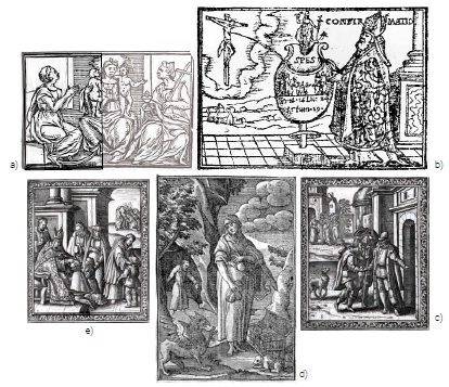 Segundo cuadro: a) Grabado de las virtudes teologales en 1a ed. de Belleri, Canisio, 2014, p. 209 • b) Grabado de la confirmación en laed. de Bellen,Canisio, 2014, p. 229 • c) Grabado de la segunda obra de misericordia en la ed. de Plantin, Canisio, 2014, p. 159 • d) Grabado de la avaricia, Canisio, 1 (513, p. 81 • e) Grabado dela confirmación en la ed. de Plantin, Canisio, 2014, p. 75.