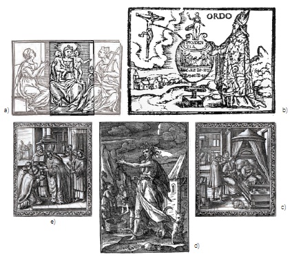 a) Grabado de las virtudes teologales en 1a ed. de Bellen.Canisio, 2014, p. 209 • b) Grabado del orden sacerdotal en la ed. de Belleri, Canisio, 2014, p. 232 • c) Grabado de la cuarta obra de misencordia en la ed.de Plantin, Caniso, 2 0 14, p. 159 • d) Grabado de la avaricia, Canisio, 1613, p. 83 • e) Grab ado de- la confirmación en la ed. de Plantin, Canisio, 2014, p. 103. 