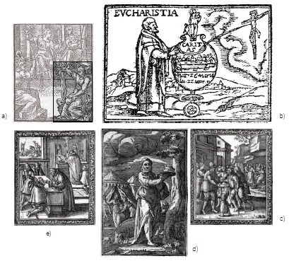 a) Grabado de las virtudes cardinales, Eliano, 1587, p. 59 • b) Grabado de la Eucaristía en la ed. de Belleri, Canisio, 2014, p. 232 • c) Grabado de te primera obra de miseri­cordia en la ed de Plantin, Canisio, 201 4, p. 1 58 • d) Grabad o de la avaricia, Canisio, 1613, p. 83 • e) Grabado de la Eucanstía en la ed. de Plantin, Canisio, 2014, p. 79.