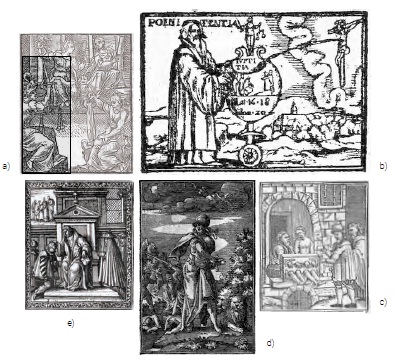 a) Grabado de las virtudes cardinales, Eliano, 1587, p 59. b) Grabado de la Eucaristía en la ed. De Belleri, Cansino, 2014,p. 232. c) Grabado de la primera obra de misericordia en la ed. De Plantin, Canisio, 2014, p.158. d) Grabado de la avaricia, Canisio, 1613, p. 83. e) Grabado de la Eucaristía en la ed. De Plantin, Canisio, 2014, p.79.