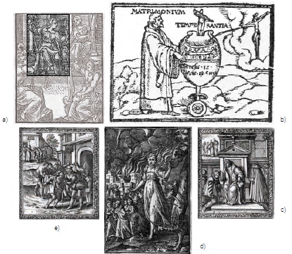 a) Grabado de las virtudes cardinales, Eliano, 1587,p.59 • b) Grabado del matri­monio en la ed. de Bellen, Canisio, 2014, p. 232 • c) Grabado de la segunda obra de misericordia en la ed . d e Plantin, Canis i o, 2014, p. 159 • d) G rab ado d e I a lujuria, Canisio, 1613, p. 82 • e) Gra­bado del matrimonio en la ed. de- Plantin, Canisio, 2014, p. 111.