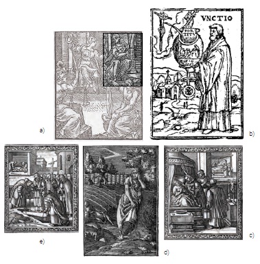 a) Grabado de las virtudes cardinales, Eliano, 1587, p. 59 • b) Grabado cié la unción en la ed. de Bellen, Canisio, 2014, p. 231 • c) Grabado de- la séptima obra de misericordia en la ed. de Plantin, Canisio, 2014, p. 1599 • d) Grabado de la pereza, Camsio, 1613, p. £52 • e) Grabado dela unción enla ed. de Plantia Canisio, 2014, p. 101.
