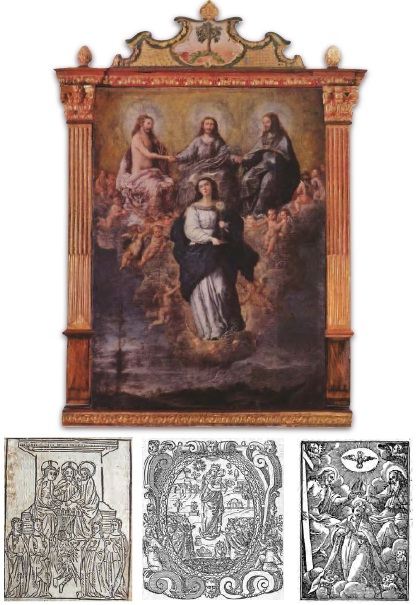 a) Grabado de las cuatro hermanas de Dios tomado de 1a portada de Abbey of the Holy Ghost, London, Wynkyn de Worde, 1531 • b) Grabado de la Inmaculada concepción en la ed. de Eliano, 1587, p. 66 • Grabado de la coronación y ascensión en el catecismo de Ripalda, 1616, p. 82.