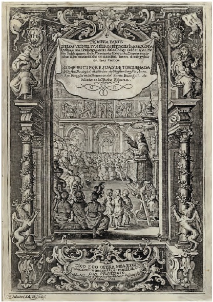 Portada de Torquemada, 1723. El grabado central, copia de otro de Valadés, muestra a un franciscano impartiendo la doctrina con la ayuda de imágenes.