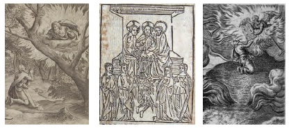  a) Detalle del grabado de la p. 60 de Thesaurus sacrarum historiarum, 1 585 • b) Gra­bado de las cuatro hermanas de Dios tomado de Abbey of the Holy Ghost, London, Wynkyn de Worde, 1531 • c) Detalle del grabado 14 de Humanae salutis monumenta de Anas Montano, 1581.