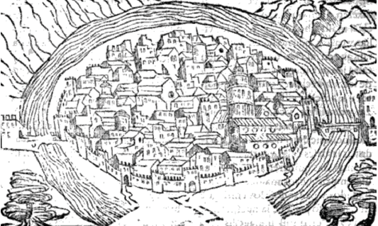 Vista de Toledo (Pérez de Mesa, Primera y Segunda parte de las grandezas y cosas memorables de España, libro II, cap. LXXIII, fol. 198r)