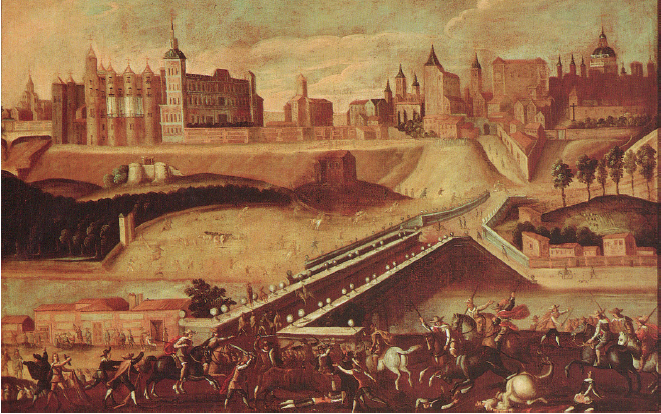 Anónimo. Vista desde la salida del puente de Segovia con toros desmandados, h. 1640-1660 (Museo de la Ciudad de Madrid)