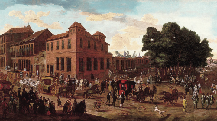 Atribuido a Jan van Kessel III. Vista de la carrera de San Jerónimo y el Paseo del Prado con cortejo de carrozas, 1686 (Museo Thyssen-Bornemisza, Madrid)