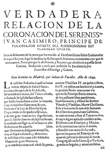 Portada de la Verdadera relacin de la coronacin del Serenissimo Ivan Casimiro, prncipe de Polonia, por la mverte del poderosissimo rey Vladislao qvarto… (CBDRS0005048)