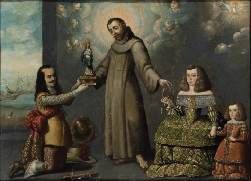 Jos� Ju�rez (atribuido a). San Francisco y la familia ducal de Alburquerque. C. 1653-1654. Colecci�n particular. Espa�a