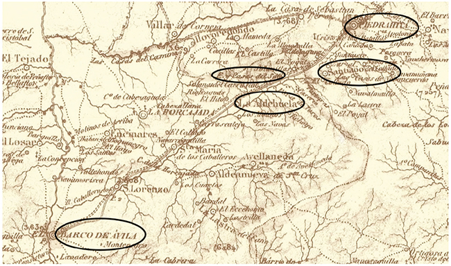 Localización de los lugares citados en la primera y segunda jornada de la comedia (Mapa de la Provincia de Ávila de Francisco Coello, Madrid, 1864)37