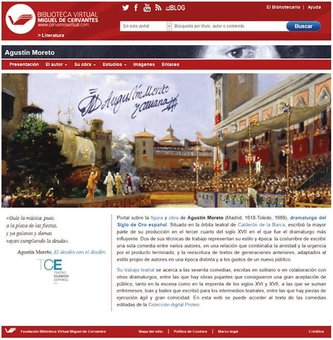 P�gina principal de la biblioteca de autor dedicada a Agust�n Moreto en la Biblioteca Virtual Miguel de Cervantes