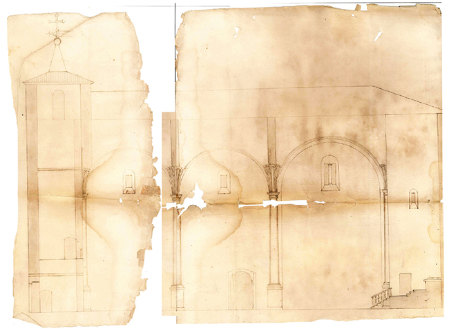Secci�n longitudinal del proyecto de edificaci�n de la iglesia de Alegia, por Francisco de Landa (1602)