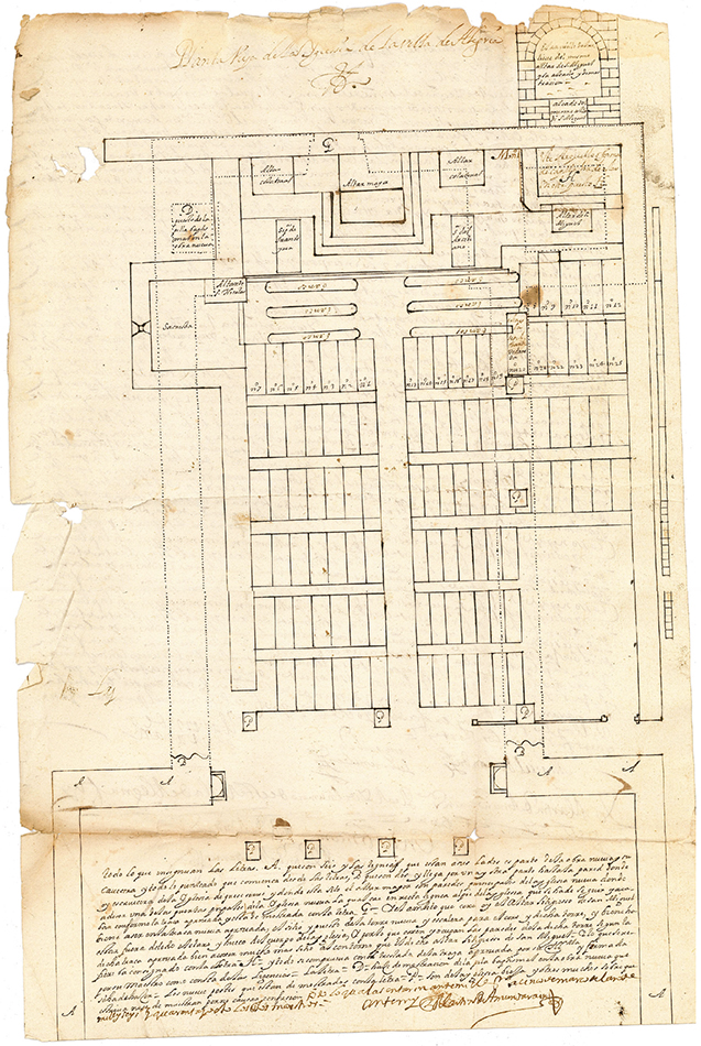 Planta de la primigenia iglesia de Alegia, duplicada por Miguel de Landa, Miguel de Larumbe y Manuel de Recalde (1648)