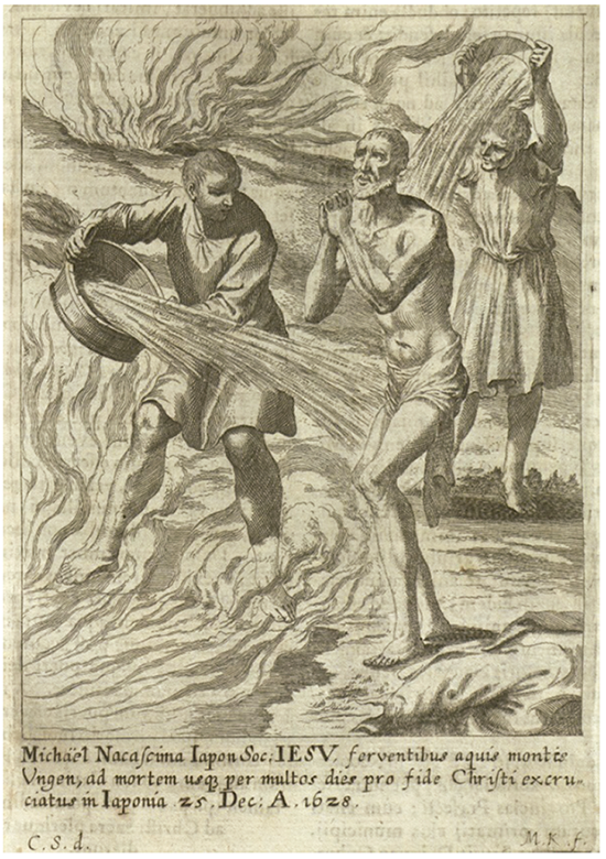 Melchior Ksel, engraving with the martyrdom of Michael Nacascima by pouring boiling water in Japan on December 25, 1628, in Mathias Tanner, Societas Jesu usque ad sanguinis et vitae profusionem militans, Prague, Typis Universitatis Carolo-Ferdinandeae per Joannem Nicolaum Hampel factorem, 1675, p. 333