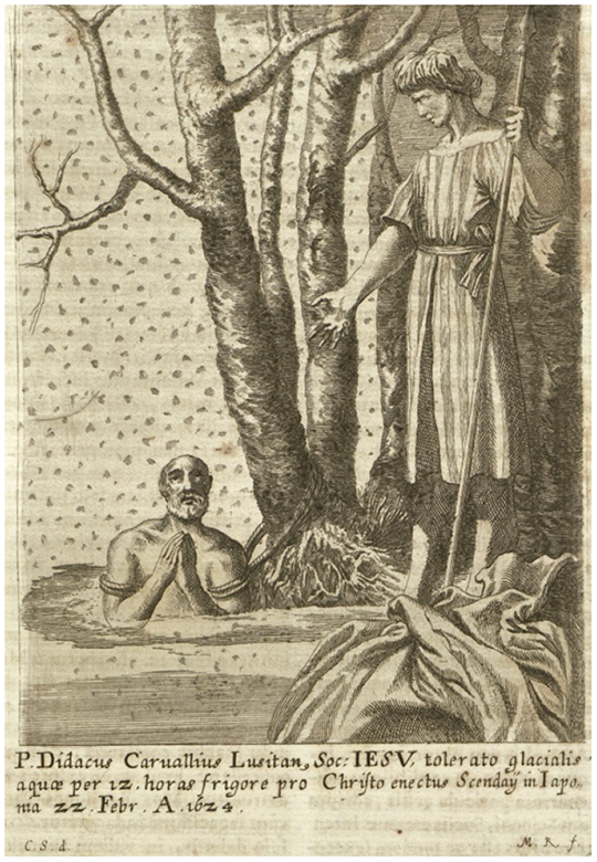 Melchior Ksel, engraving with the execution of Father Diogo Carvalho by submersion in a frozen lake in Japan on February 22, 1624, in Mathias Tanner, Societas Jesu usque ad sanguinis et vitae profusionem militans, Prague, Typis Universitatis Carolo-Ferdinandeae per Joannem Nicolaum Hampel factorem, 1675, p. 313