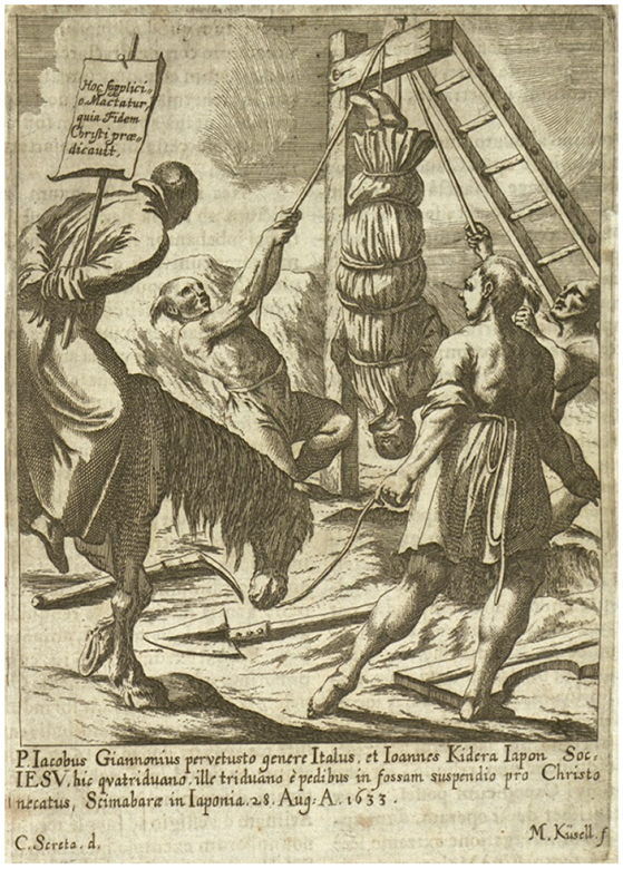Melchior Ksel, engraving with the martyrdom of a Jesuit in Japan by hanging upside down in Shimabara, August 28, 1633, in Mathias Tanner, Societas Jesu usque ad sanguinis et vitae profusionem militans, Prague, Typis Universitatis Carolo-Ferdinandeae per Joannem Nicolaum Hampel factorem, 1675, p. 351