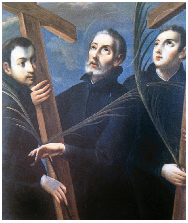 Anonym Painter, The Three Japanese Jesuit Martyrs of Nagasaki 1597 Juan Goto, Diego Kisai and Pablo Miki, oil painting, first half of the 18th century, Museo Nacional del Virreinato, Tepotzotln, Mxico