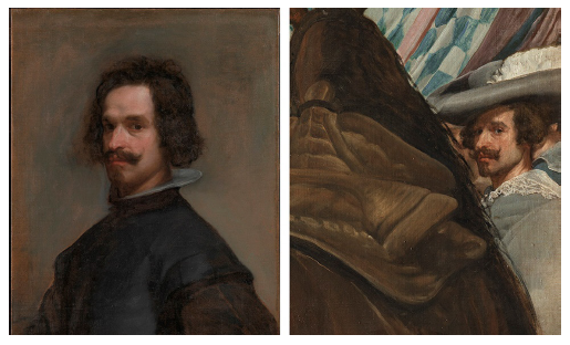Vel�zquez. Comparaci�n a escala de tama�o real entre dos pinturas de Vel�zquez, el Retrato de hombre (c. 1634, Metropolitan Museum, Nueva York) y el personaje de la derecha de La rendici�n de Breda (1634-1635, Museo del Prado, Madrid)