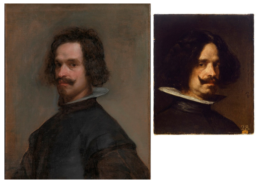 Vel�zquez. Comparaci�n a escala de tama�o real entre dos pinturas de Vel�zquez, el Retrato de hombre (c. 1634, Metropolitan Museum, Nueva York) y el posible Autorretrato (1630, Museo de San P�o, Valencia)
