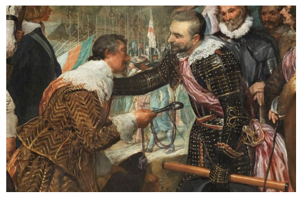 Vel�zquez, La rendici�n de Breda (1634-1635, Museo del Prado, Madrid). Detalle de la entrega de llaves entre Sp�nola y Nassau