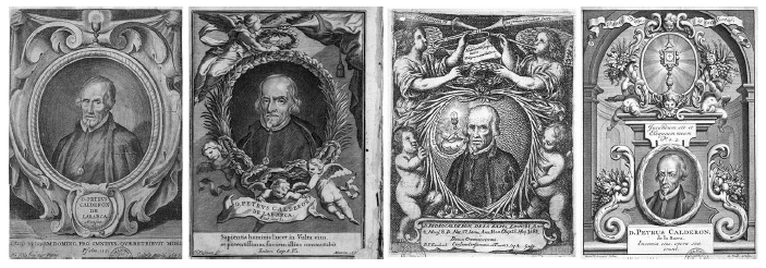 Grabados en cobre con retratos de Calder�n de la Barca, seg�n orden: Pedro Villafranca, en Calder�n, Autos sacramentales&hellip; (1676); Gregorio Forstman, en Calder�n, Octava parte de comedias&hellip; (1684); Francisco Antonio de Ettenhard, en Gaspar Agust�n de Lara, Obelisco f�nebre, pir�mide funesto&hellip; (1684) y Gerard Valk y Bernardo Garc�a, en Calder�n, Autos sacramentales&hellip; (1717)