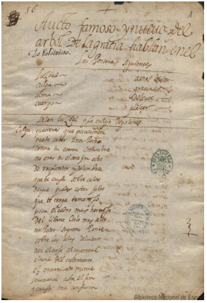 Primera p&aacute;gina del manuscrito de 
								El &aacute;rbol de la gracia, BNE, Ms. 15255
							