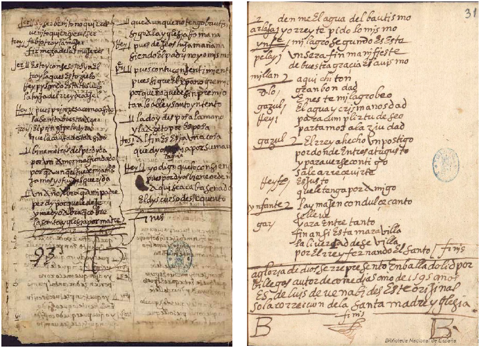 fol. 21v de
Las burlas de Benitico (BNE, Ms. 15206) y fol. 31r de
Cerco y libertad de Sevilla por el rey don Fernando el Santo (BNE, Ms. 16610)