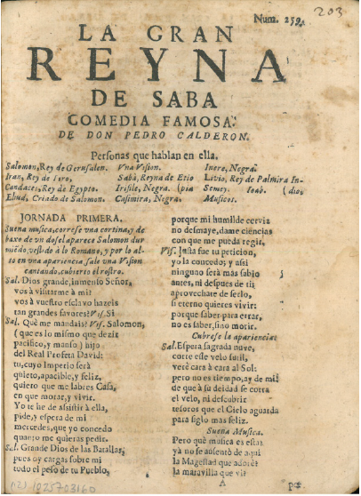Calder&oacute;n de la Barca, 
							La gran reina de Sab&aacute;, portada de la suelta conservada en la Biblioteca Diocesana del Seminari de Girona, con signatura 834/506(10) (
							G)
						