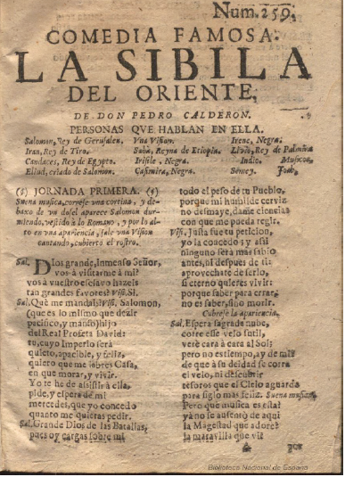 Calder&oacute;n de la Barca, 
							La sibila del oriente, portada de la suelta incluida en la 
							Parte XXII de la colecci&oacute;n 
							Jard&iacute;n ameno, con fecha de 1704, conservada en la BNE, signatura TI/120 V.22 (
							J)
							33
