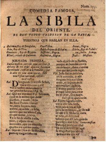 Calder&oacute;n de la Barca, 
							La sibila del oriente, portada de la suelta recogida en el tomo pseudo Vera Tassis de la 
							Verdadera quinta parte de Calder&oacute;n conservado en la Biblioteca Nacional de Austria, signatura 8422-B.5 (K)
							39
