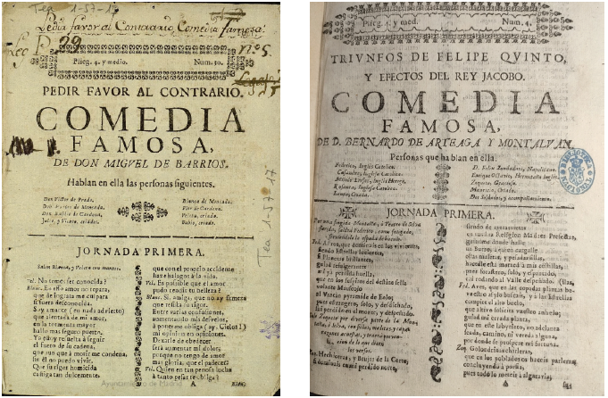 A la izquierda, impreso de Diego López de Haro (Miguel de Barrios,
Pedir favor al contrario, En Sevilla, en la imprenta castellana y latina de Diego López de Haro, en calle Génova, c. siglo XVIII, Madrid, Biblioteca Histórica Municipal, Tea 1-57-17); a la derecha, impreso de Petronila Calvo (Bernardo de Arteaga y Montalván,
Triunfos de Felipe V y efectos del rey Jacobo, En Sevilla, en la imprenta castellana y latina de la viuda de Francisco Lorenzo de Hermosilla…,
c. siglo XVIII, Madrid, BNE, T-2663)
