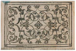 Grabado xilográfico con formas geométricas (Antonio Coello,
Celos, honor y cordura, c. siglo XVII, Madrid, BNE, T/55321/30)