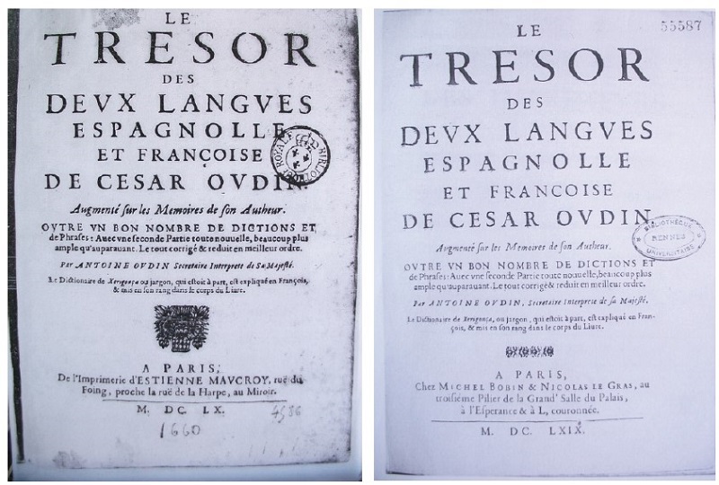 Emisión del diccionario de 
								Oudin (ed. de 1660) con cambio de portada (y nueva fecha de 1669)
							