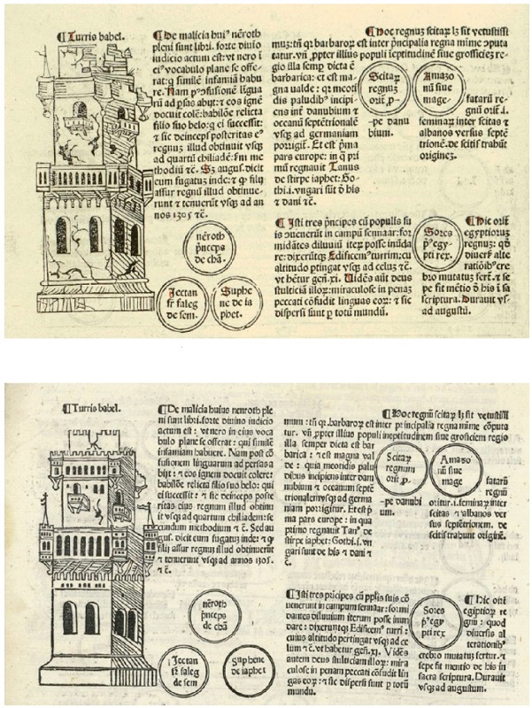 Arriba, torre de Babel (ed. de Venecia, 1479); debajo, copia (ed. de Sevilla, 1480)