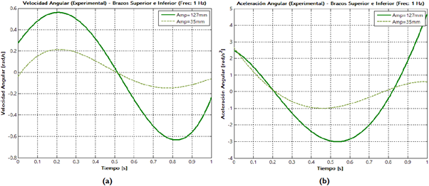 Velocidad y aceleraci&oacute;n angulares (datos experimentales) que perciben: (a) brazos superior e inferior y (b) mangueta, para una frecuencia de oscilaci&oacute;n de 1 Hz