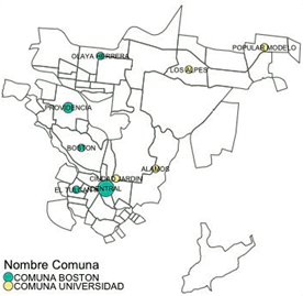 Mapa de barrios hurto de celulares d&iacute;a viernes jornada tarde-noche Comunas Universidad y Boston.