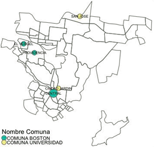 Mapa de Barrios Hurto de celulares d&iacute;a Viernes jornada Tarde-Noche Comunas Universidad y Boston.
