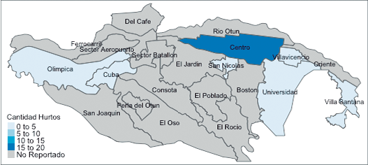 Comunas con incidentes de hurto el d&iacute;a S&aacute;bado Jornada Tarde.