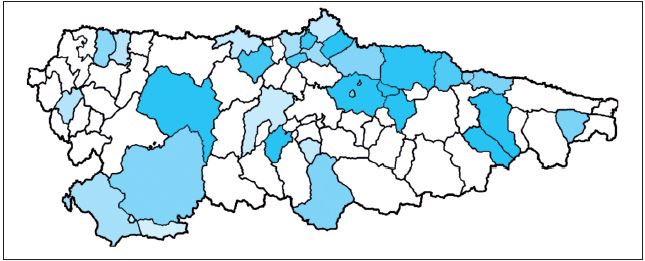 Partidos regionalistas en Asturias. Concejos donde el promedio del porcentaje de voto 197799 supera el 2,7%