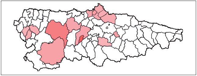 Partidos de la izquierda en Asturias (excepto PSOE, PCE/IU). Concejos donde el promedio del porcentaje de voto 197799 supera el 2,7%