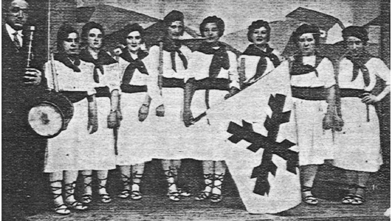 Grupo femenino de ezpatadantzaris que se present� en Bilbao el 15 de agosto de 1931. Fotograf�a publicada en la revista Txistulari, 23, 1931, p�g. 9