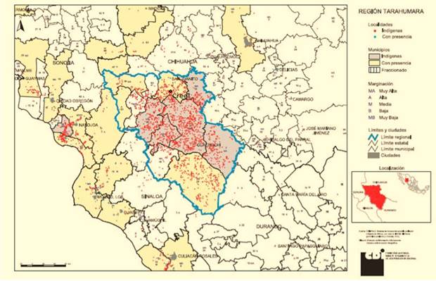 Mapa región central de la sierra Tarahumara.